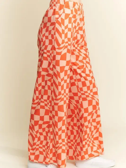 Wavy Checkered High Waist Straight Leg Knit Pants