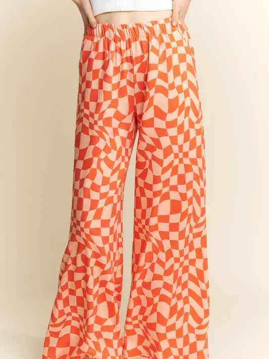 Wavy Checkered High Waist Straight Leg Knit Pants