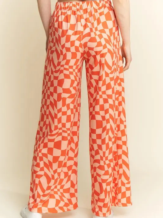 Wavy Checkered High Waist Straight Leg Knit Pants